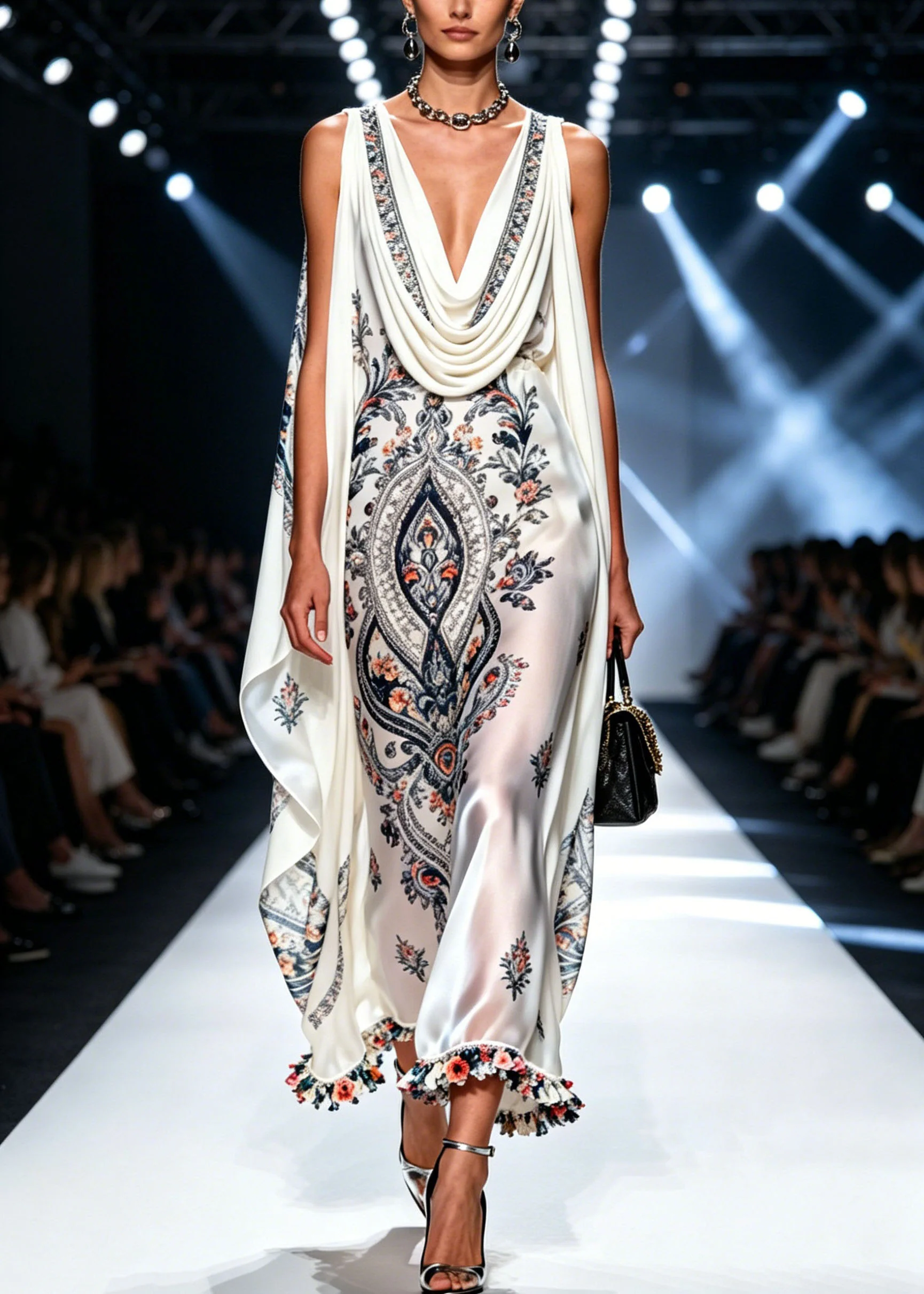 Stylish White Print Patchwork Chiffon Long Dress Summer - Image 3