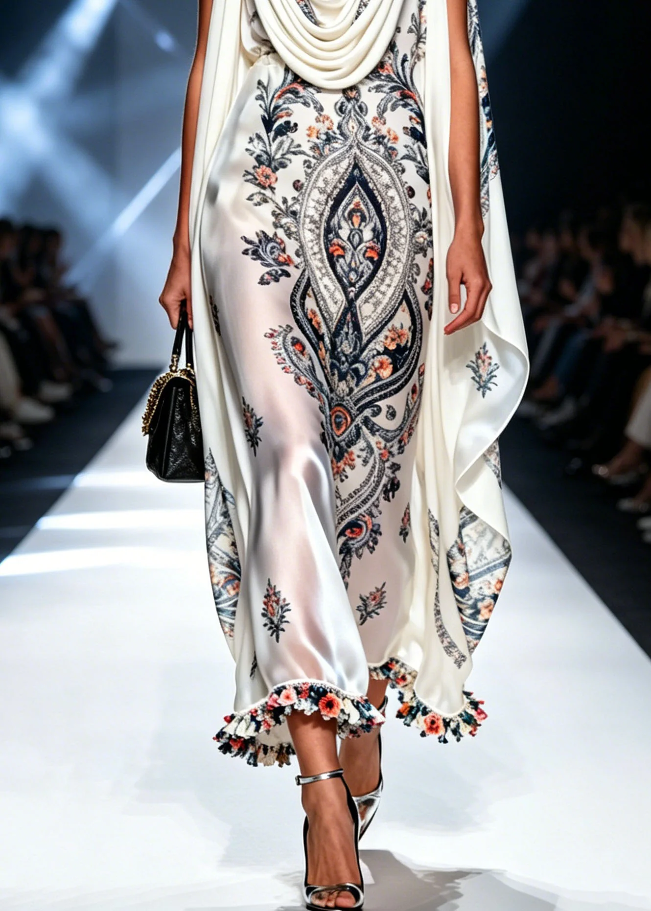 Stylish White Print Patchwork Chiffon Long Dress Summer - Image 4