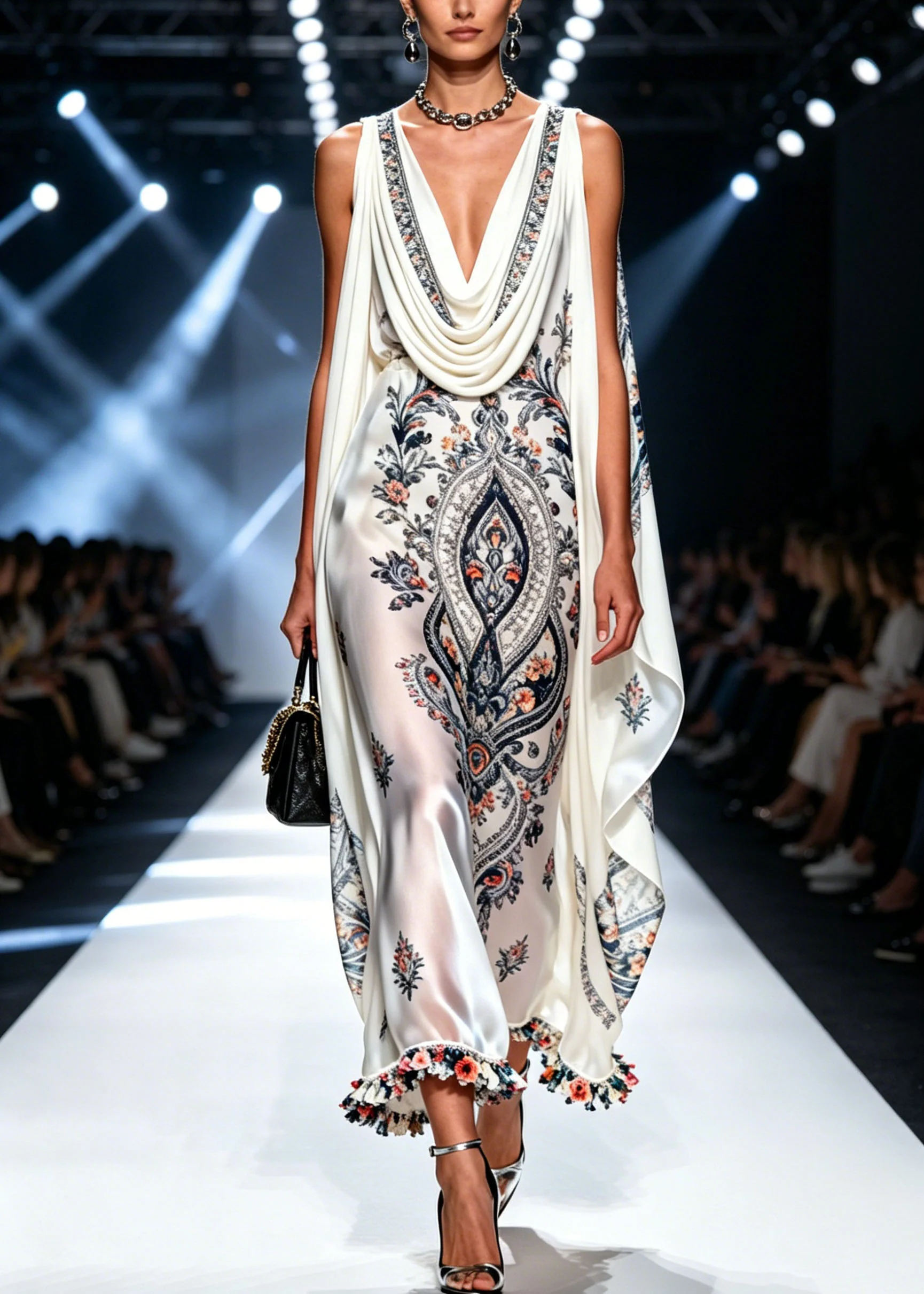 Stylish White Print Patchwork Chiffon Long Dress Summer - Image 5