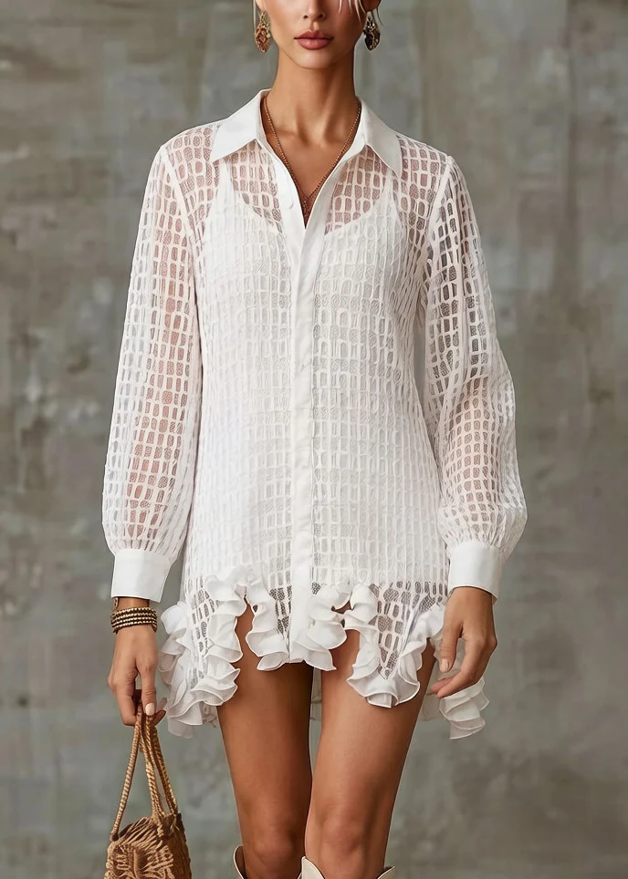 Stylish White Ruffled Hollow Out Tulle Shirt Dress Spring - Image 3