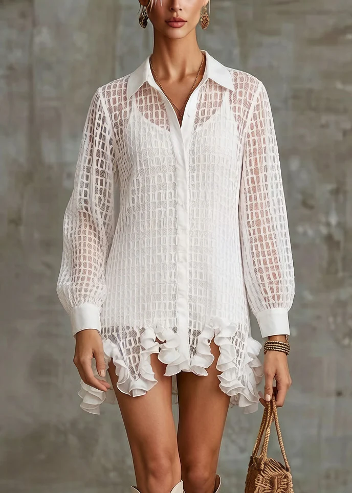 Stylish White Ruffled Hollow Out Tulle Shirt Dress Spring - Image 5