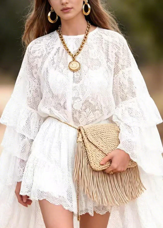 Stylish White Ruffled Patchwork Lace Mid Dress Butterfly Sleeve - Image 2