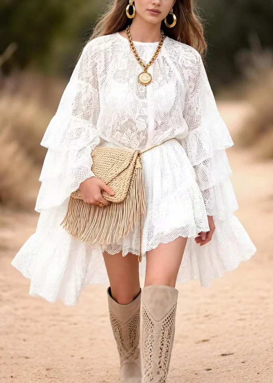 Stylish White Ruffled Patchwork Lace Mid Dress Butterfly Sleeve - Image 3