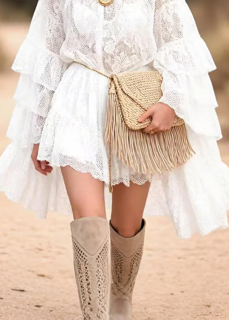 Stylish White Ruffled Patchwork Lace Mid Dress Butterfly Sleeve - Image 4