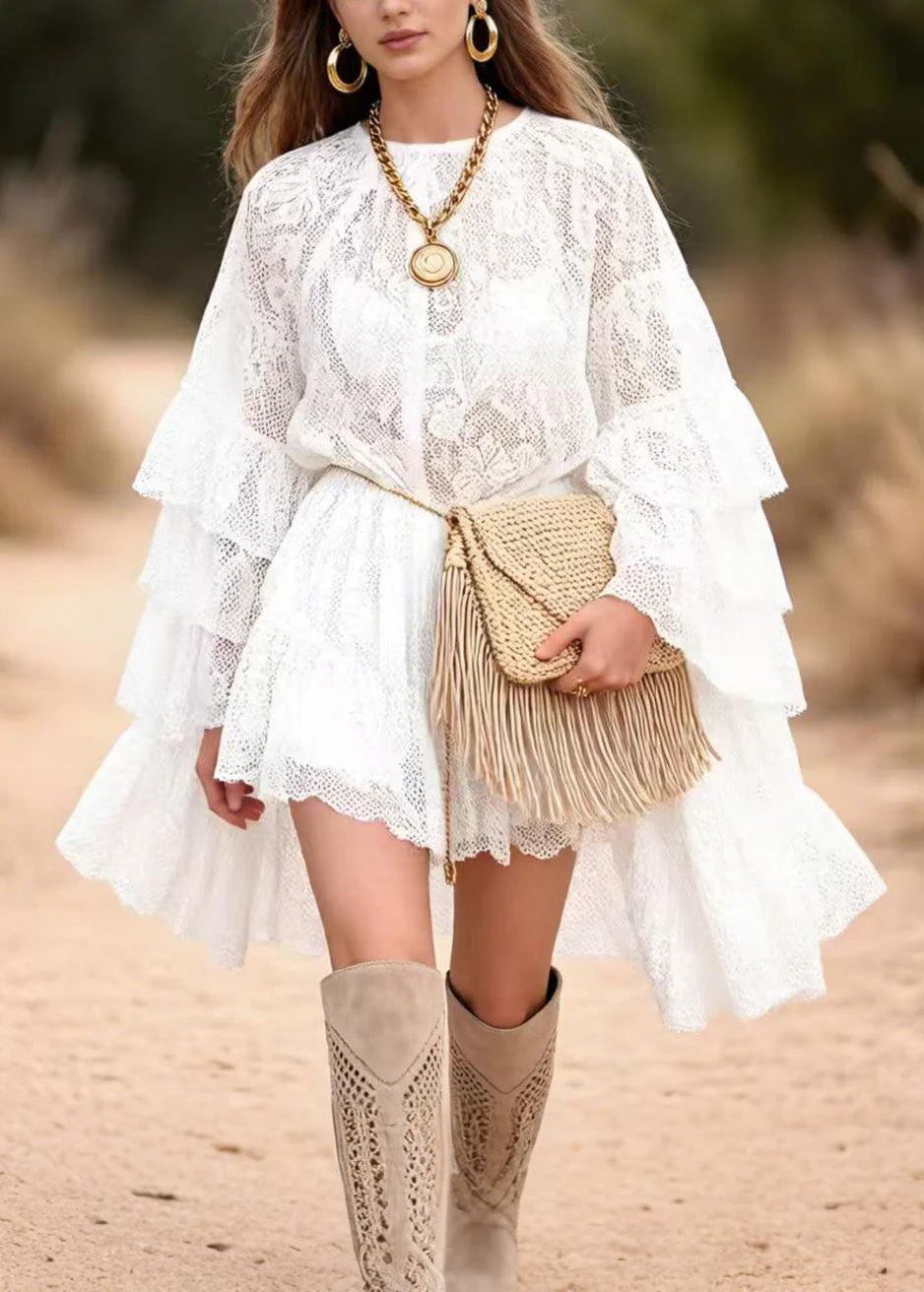 Stylish White Ruffled Patchwork Lace Mid Dress Butterfly Sleeve - Image 5
