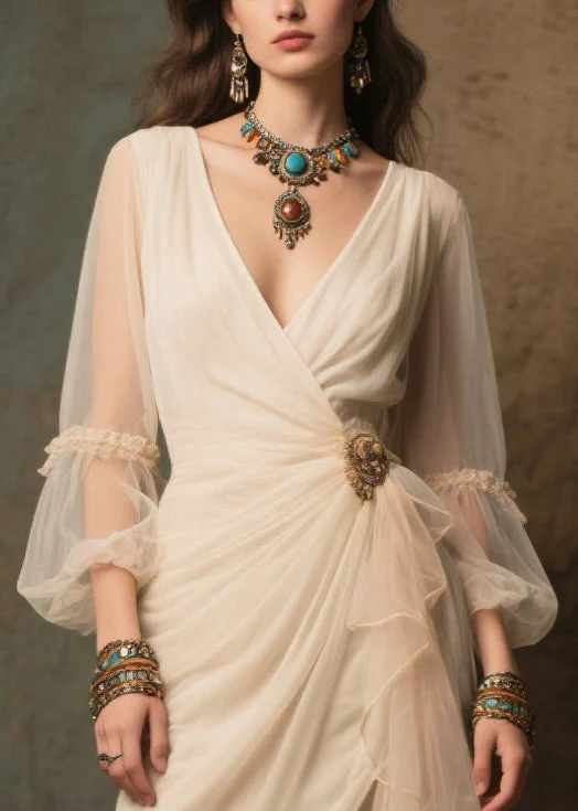 Stylish White Side Open Tulle Dinner Dresses Lantern Sleeve - Image 2