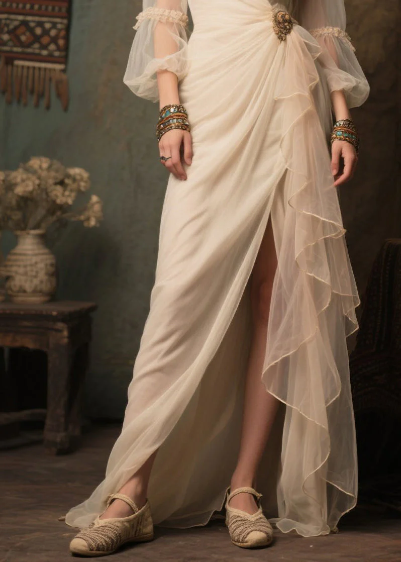 Stylish White Side Open Tulle Dinner Dresses Lantern Sleeve - Image 4