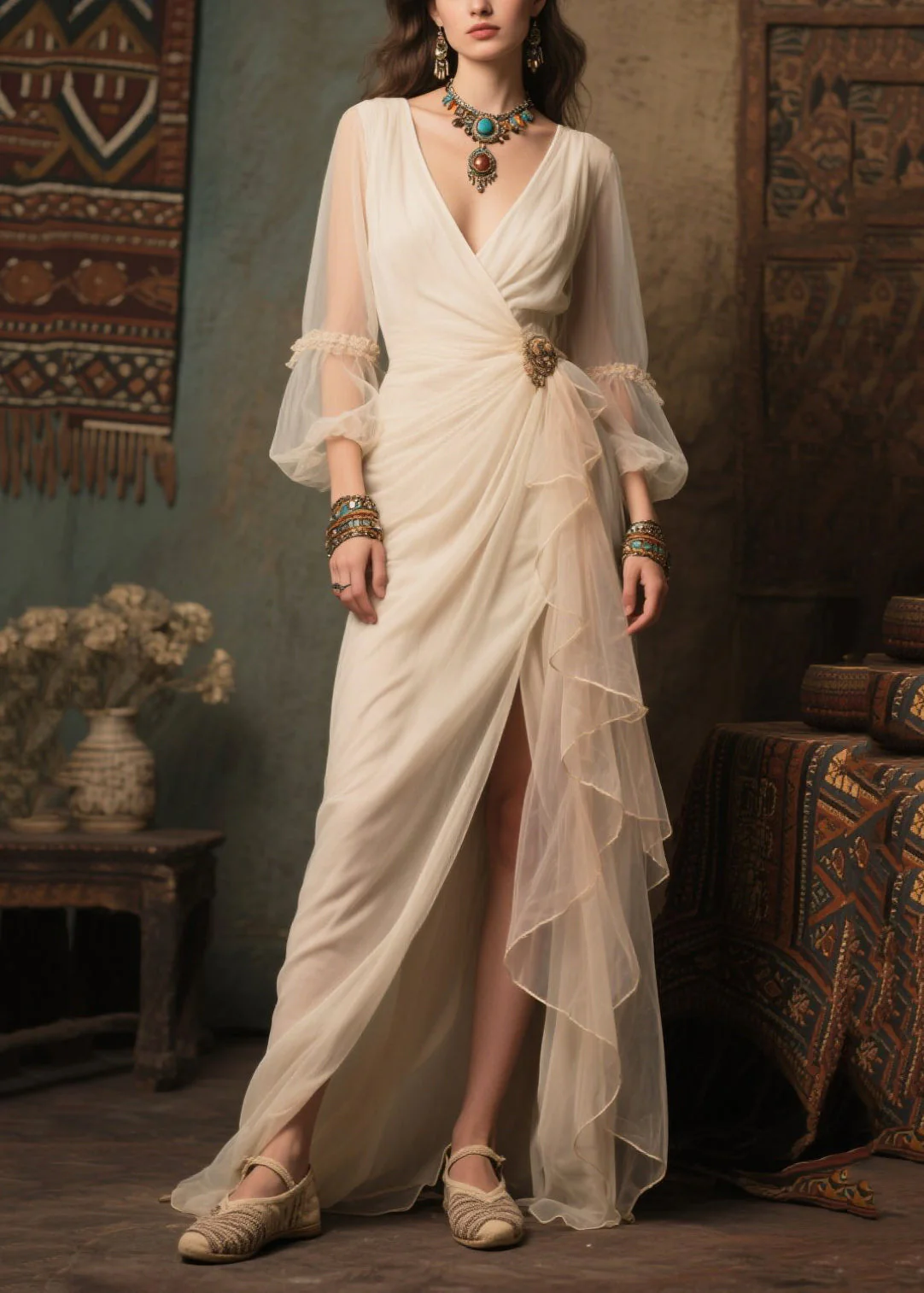 Stylish White Side Open Tulle Dinner Dresses Lantern Sleeve - Image 5