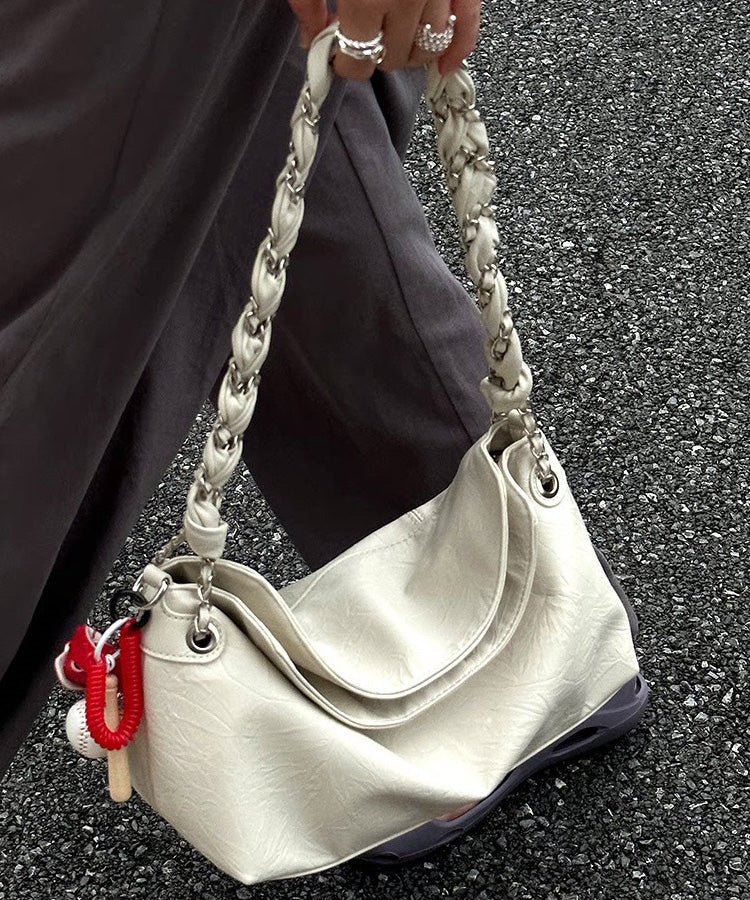 Stylish White Twist Chain Faux Leather Shoulder Bag - Image 3