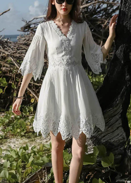 Stylish White V Neck Lace Patchwork Mid Dress Half Sleeve - Image 2