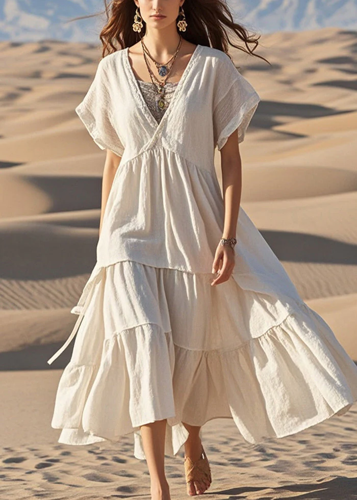 Stylish White V Neck Patchwork Exra Large Hem Cotton Maxi Dresses Summer - Image 3