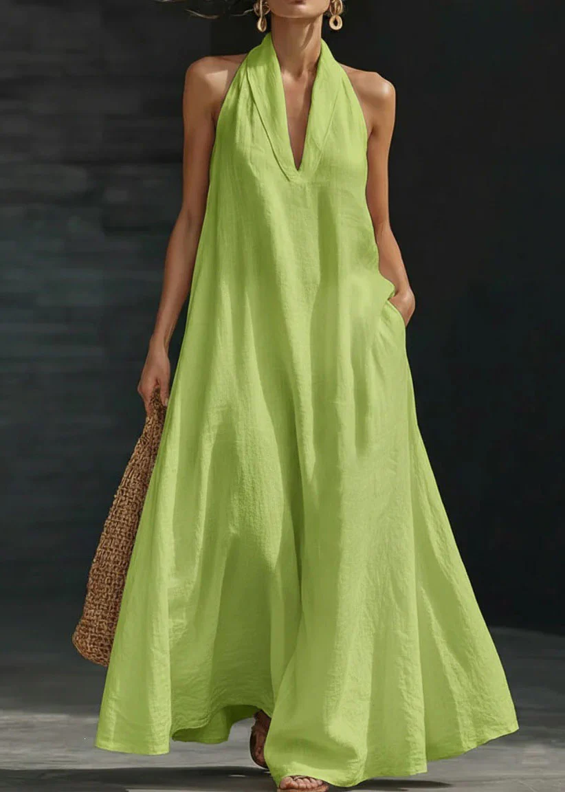 Stylish White V Neck Pockets Halter Cotton Dress Sleeveless - Image 5