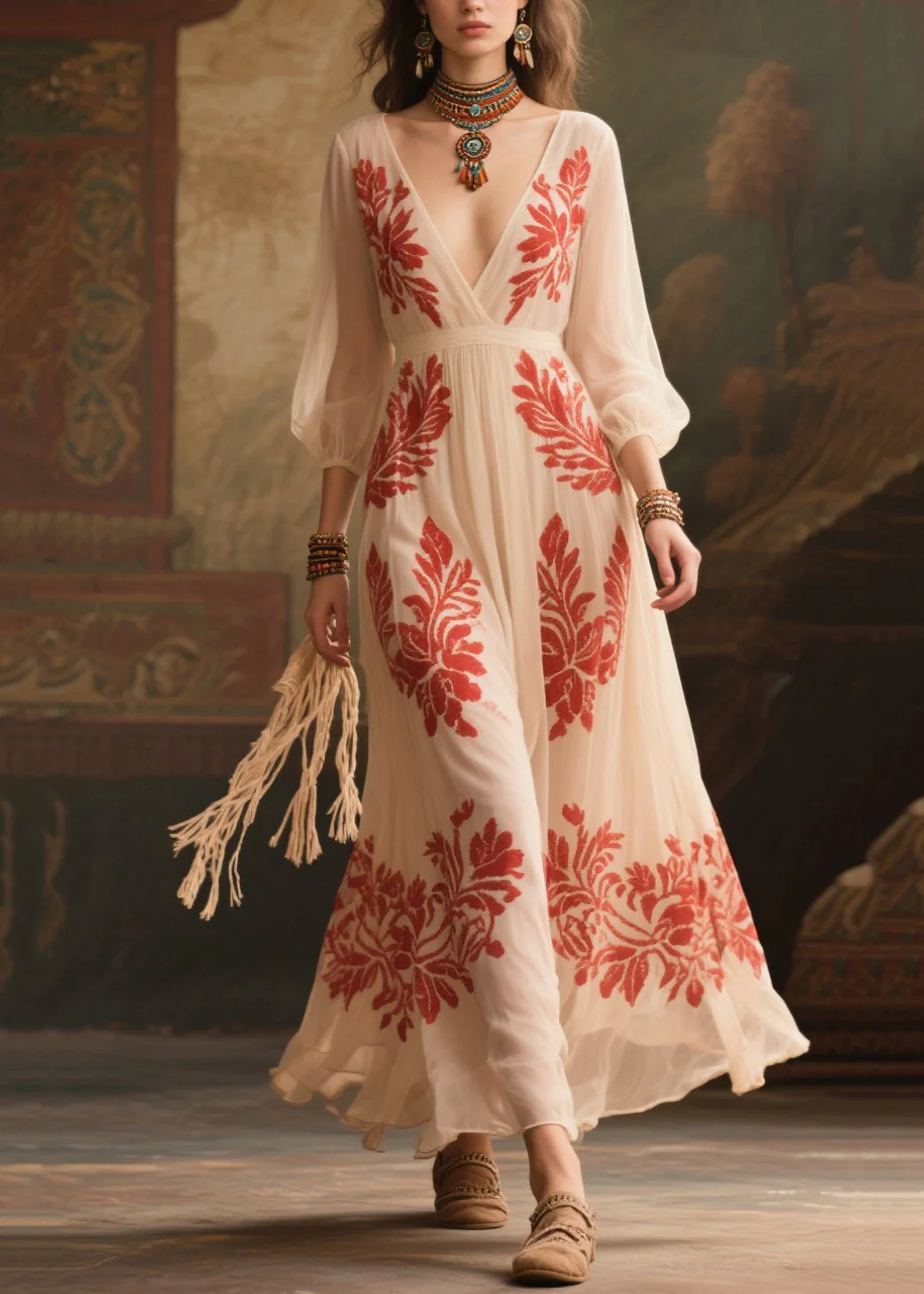 Stylish White V Neck Print Exra Large Hem Chiffon Dress Summer