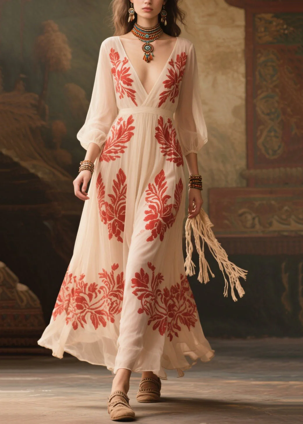 Stylish White V Neck Print Exra Large Hem Chiffon Dress Summer - Image 3