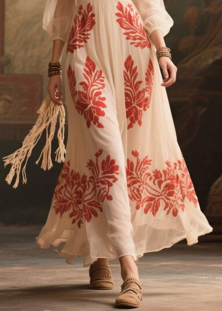 Stylish White V Neck Print Exra Large Hem Chiffon Dress Summer - Image 4