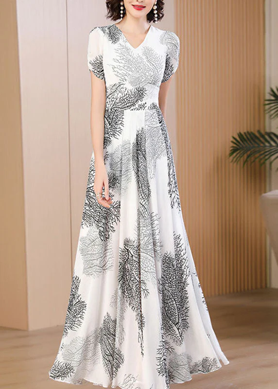 Stylish White V Neck Print High Waist Holiday Chiffon Long Dress Summer - Image 2