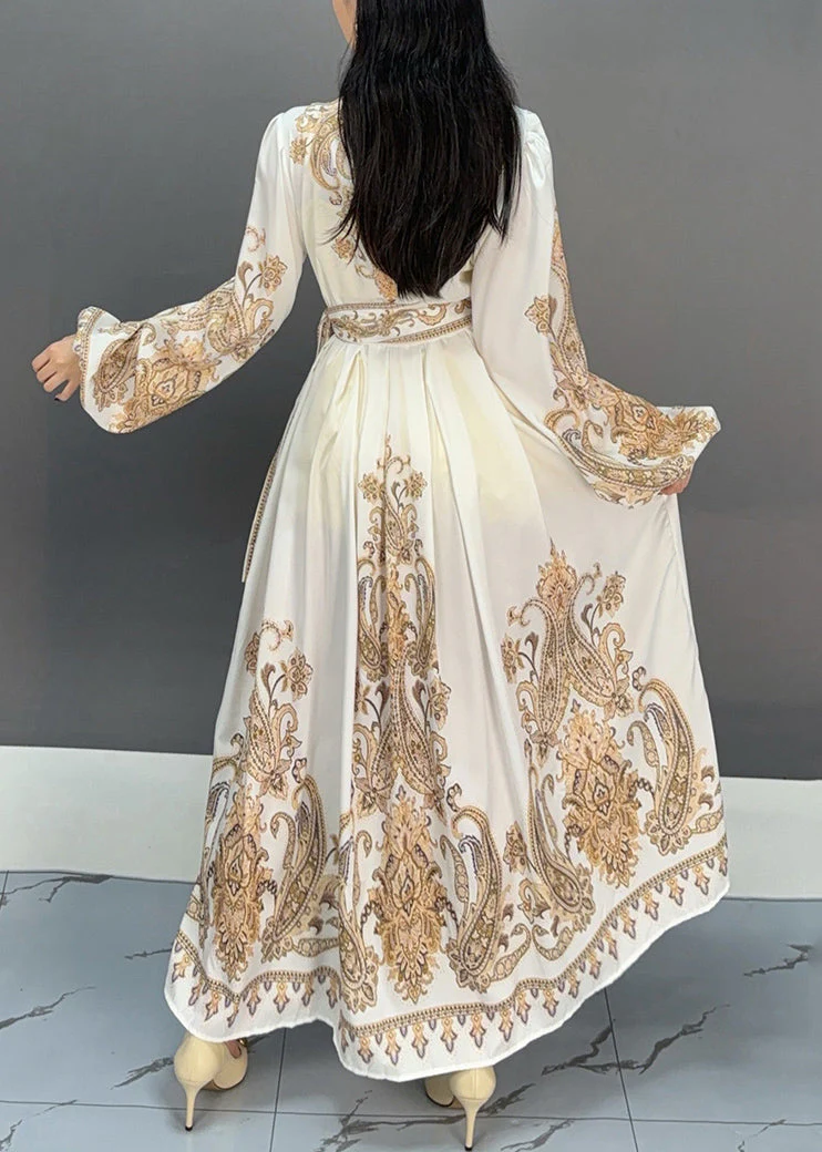 Stylish White V Neck Print Lace Up Long Dresses Fall - Image 4