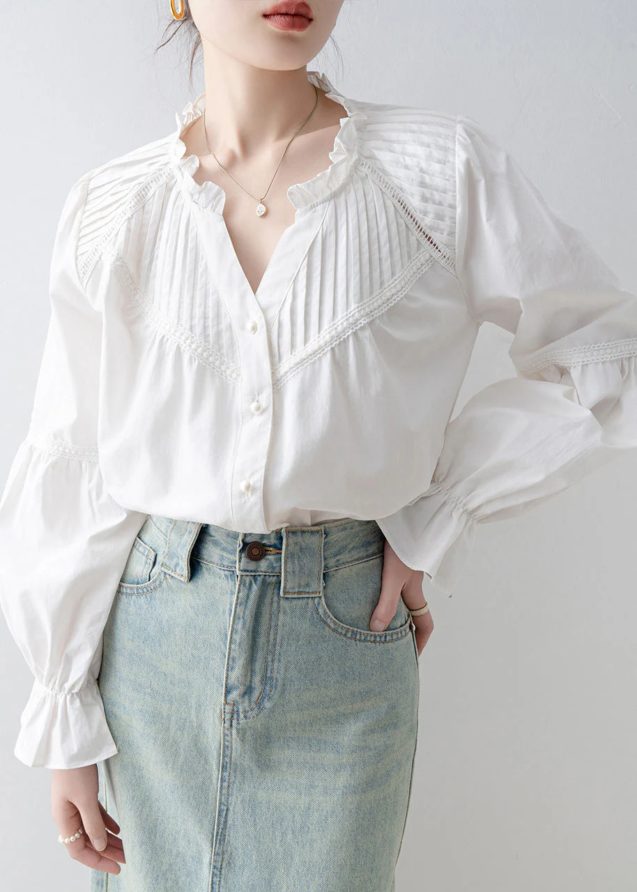 Stylish White V Neck Wrinkled Cotton Shirt Top Spring - Image 4