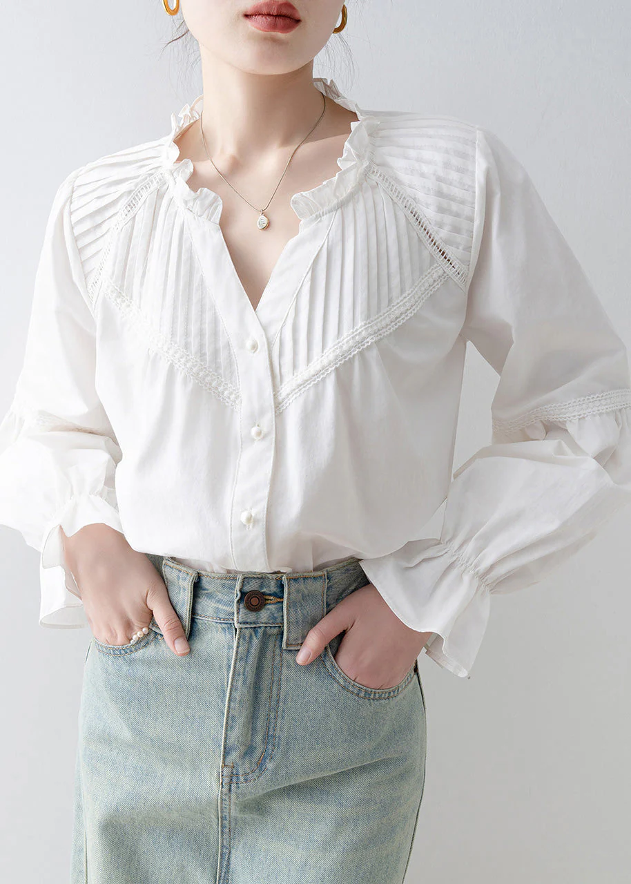 Stylish White V Neck Wrinkled Cotton Shirt Top Spring - Image 5