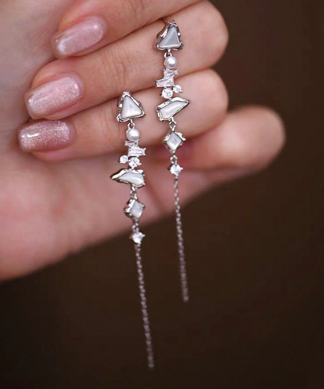 Stylish White Zircon Freshwater Pearl Mother Of Pearl Silver Drop Earrings - Image 2