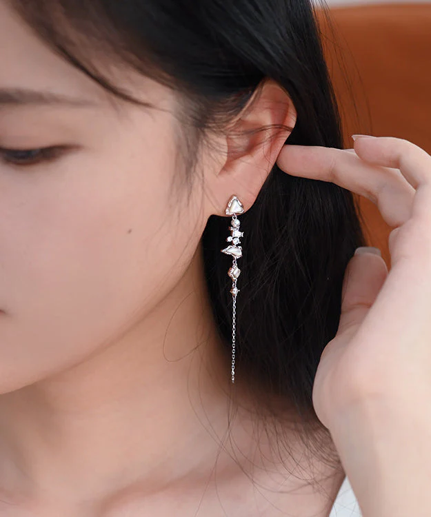 Stylish White Zircon Freshwater Pearl Mother Of Pearl Silver Drop Earrings - Image 3