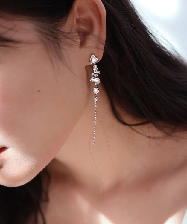 Stylish White Zircon Freshwater Pearl Mother Of Pearl Silver Drop Earrings - Image 5