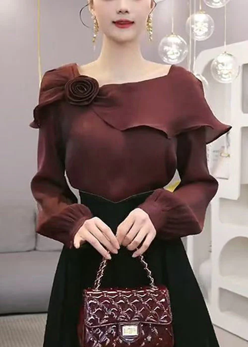 Stylish Wine Red Ruffled Floral Chiffon Blouses Spring - Image 2