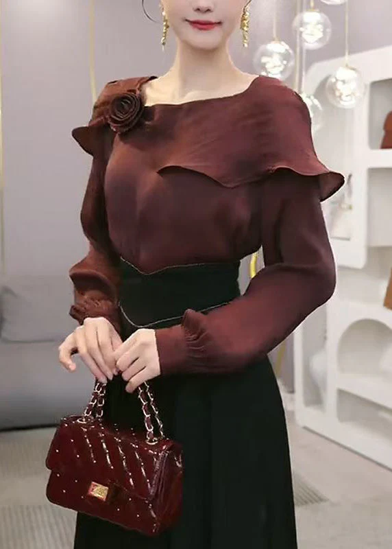 Stylish Wine Red Ruffled Floral Chiffon Blouses Spring - Image 4