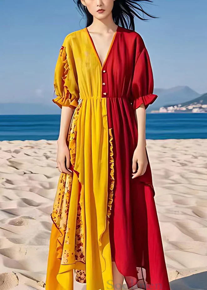 Stylish Yellow Asymmetrical Ruffled Chiffon Dresses Half Sleeve - Image 2