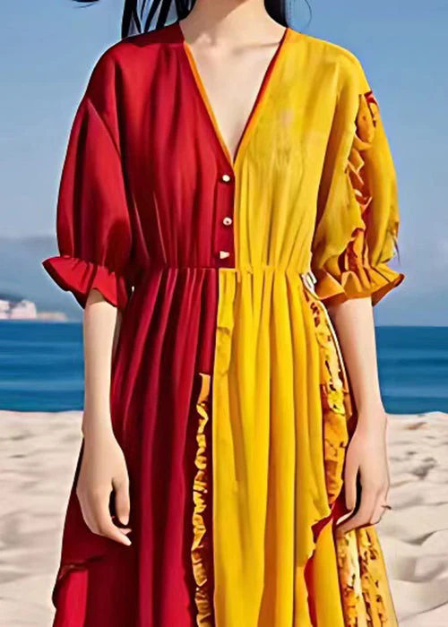 Stylish Yellow Asymmetrical Ruffled Chiffon Dresses Half Sleeve - Image 3