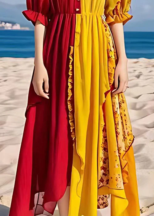 Stylish Yellow Asymmetrical Ruffled Chiffon Dresses Half Sleeve - Image 5