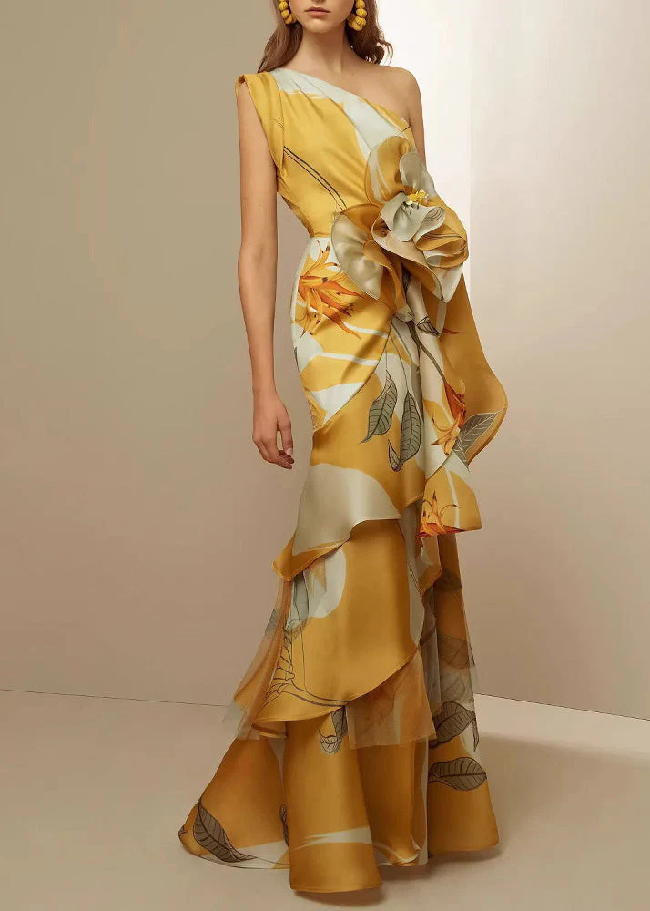 Stylish Yellow Cold Shoulder Asymmetrical Design Print Silk Long Dresses Summer - Image 2