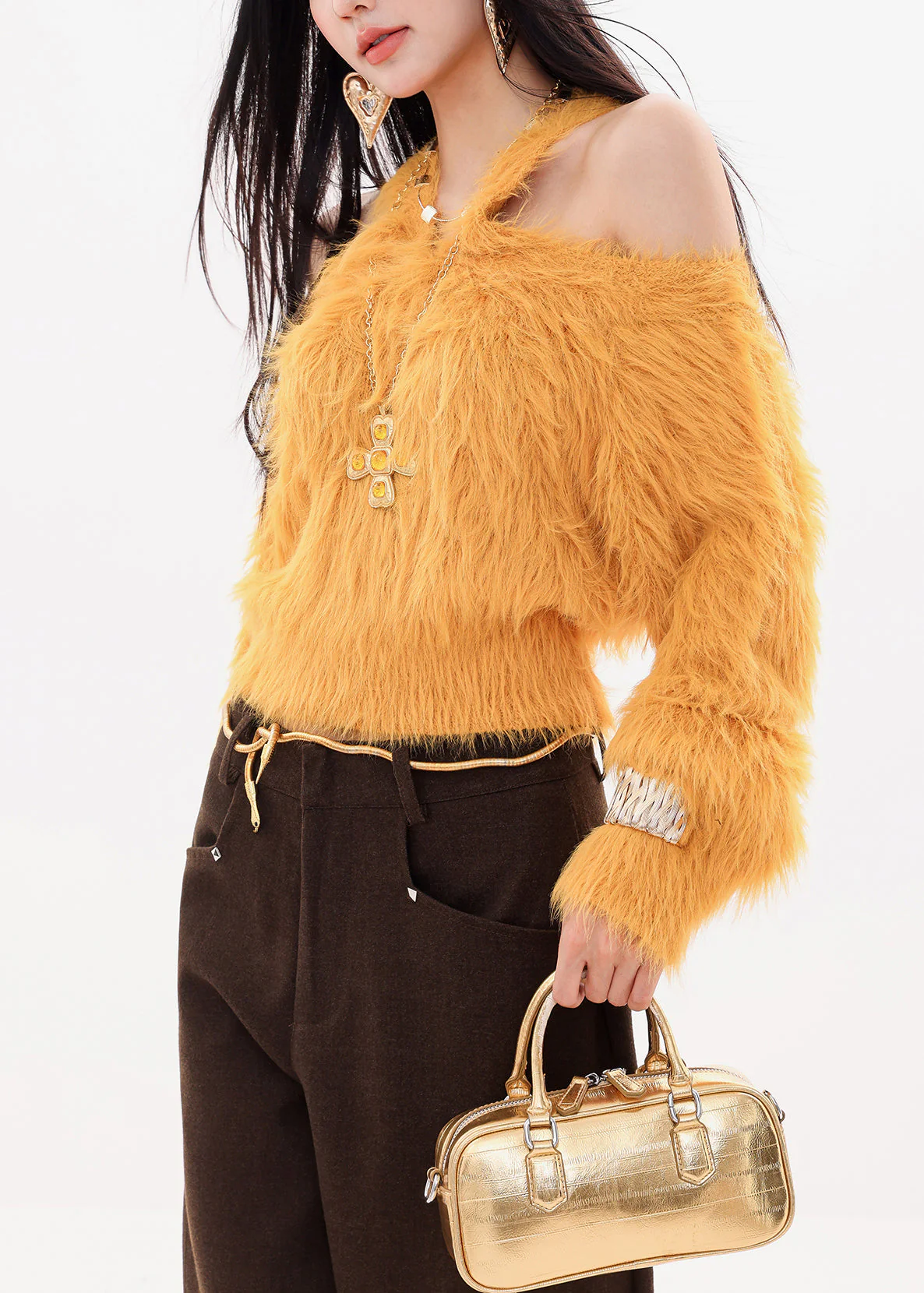 Stylish Yellow Cold Shoulder Fur Knitted Sweaters Tops Spring - Image 2