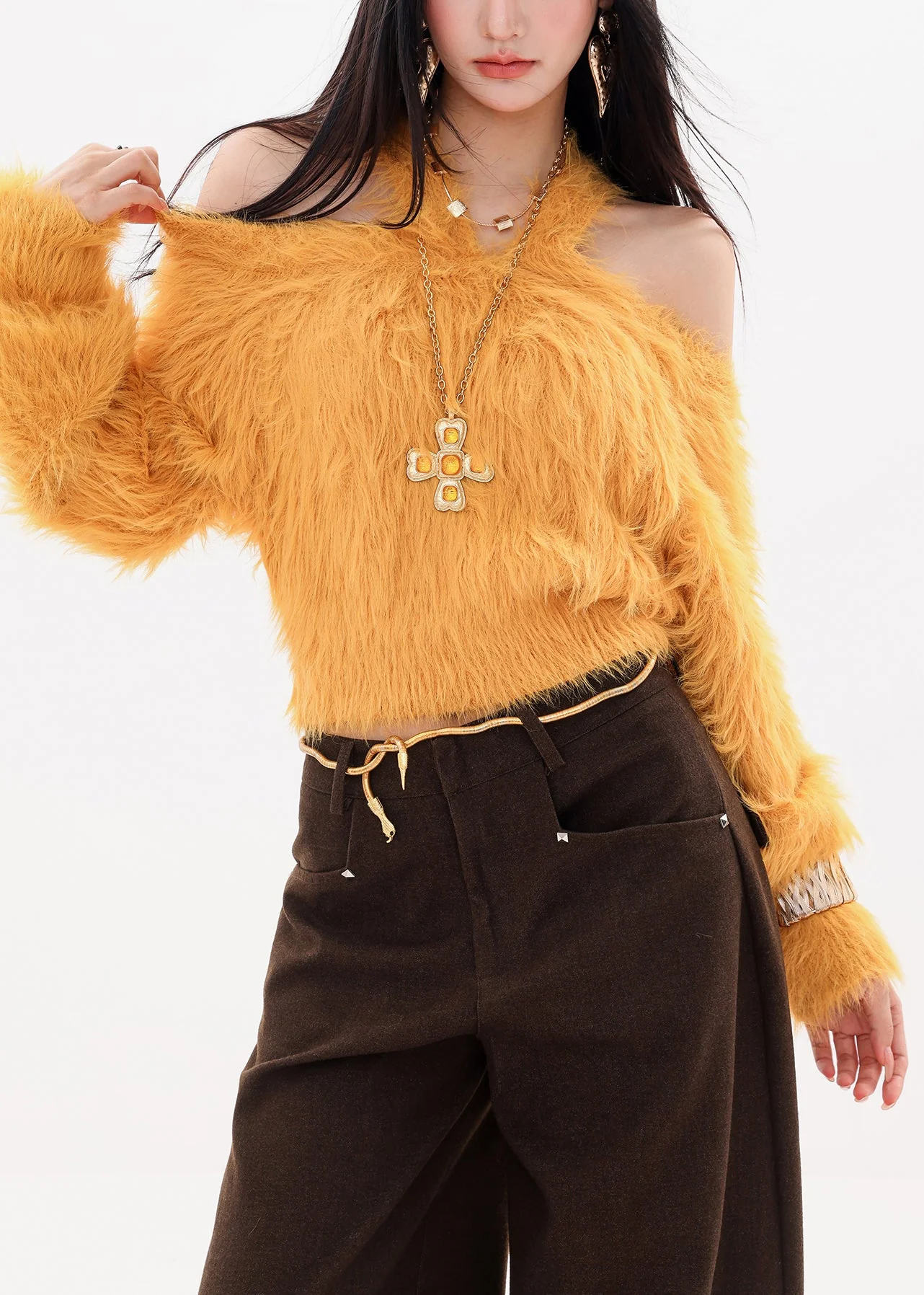 Stylish Yellow Cold Shoulder Fur Knitted Sweaters Tops Spring - Image 4
