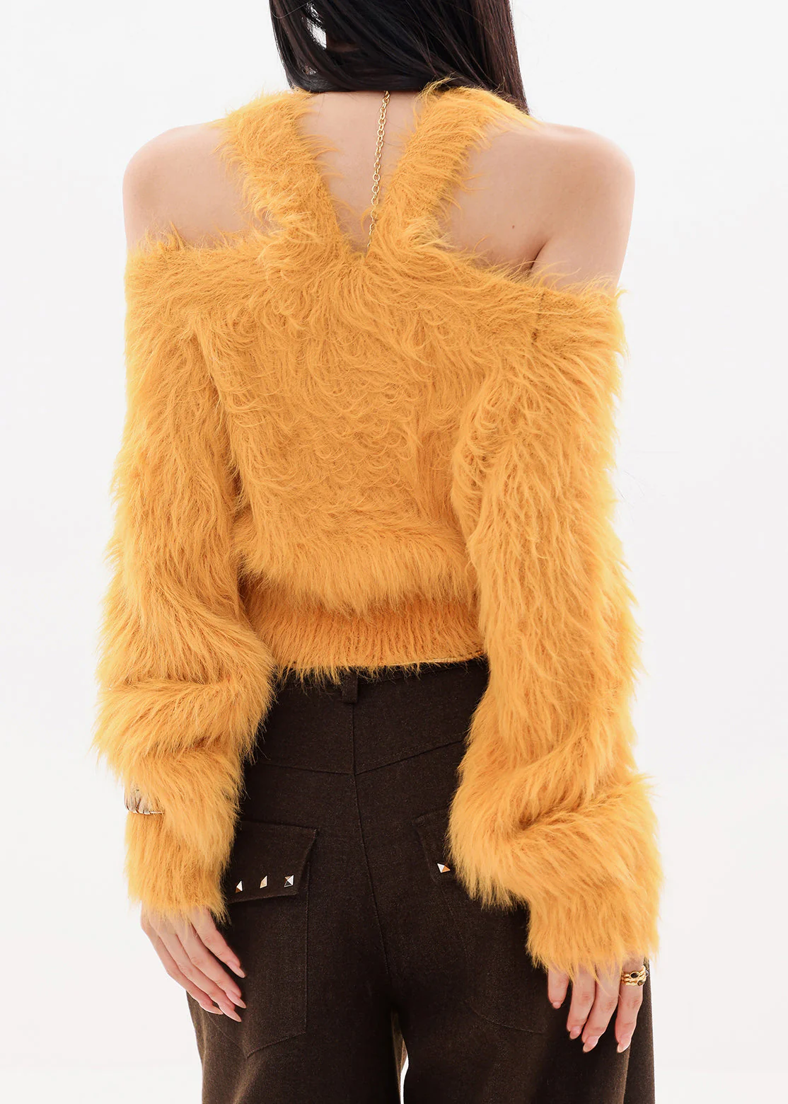 Stylish Yellow Cold Shoulder Fur Knitted Sweaters Tops Spring - Image 5