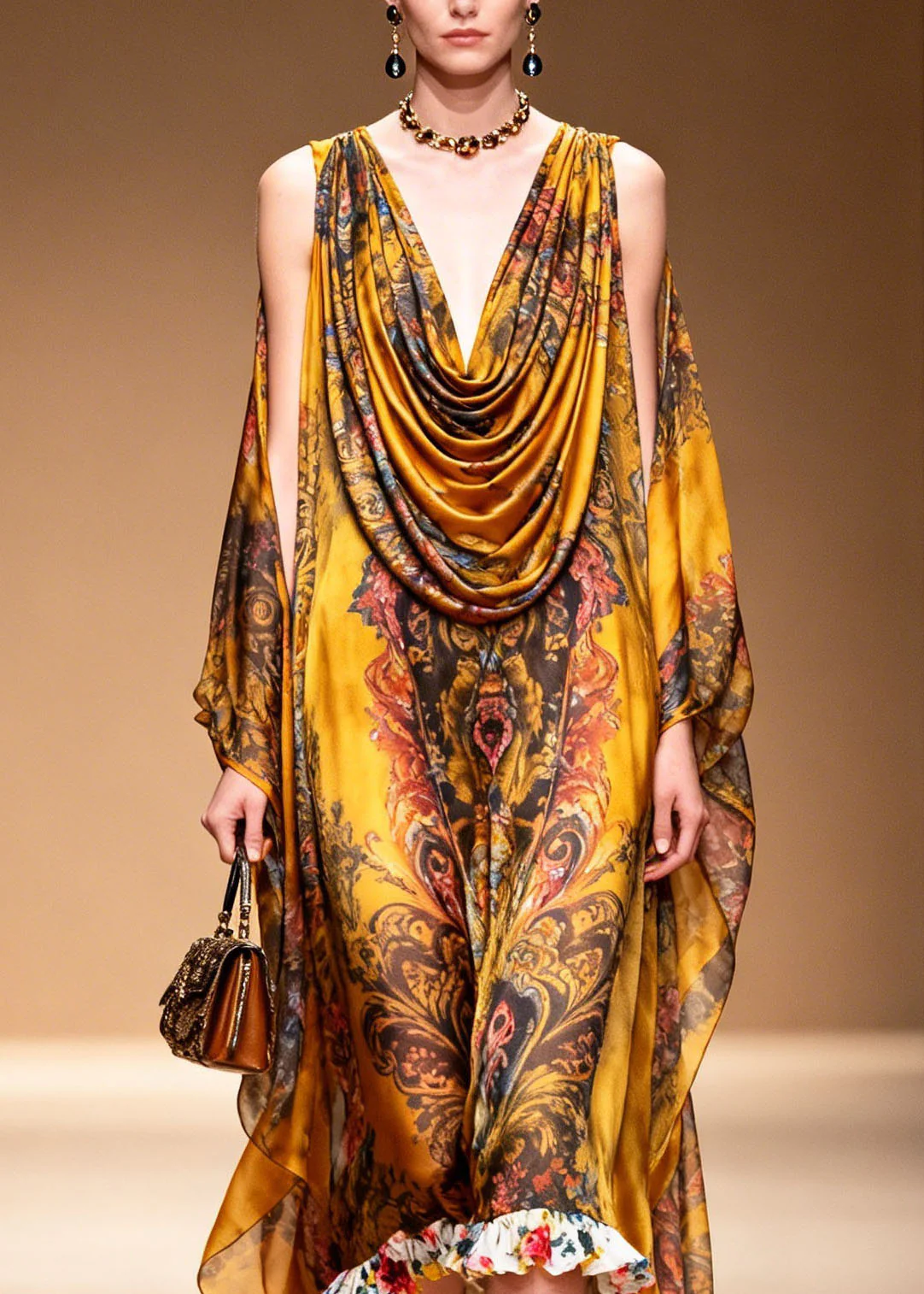Stylish Yellow Cold Shoulder Print Chiffon Maxi Dresses Summer - Image 2