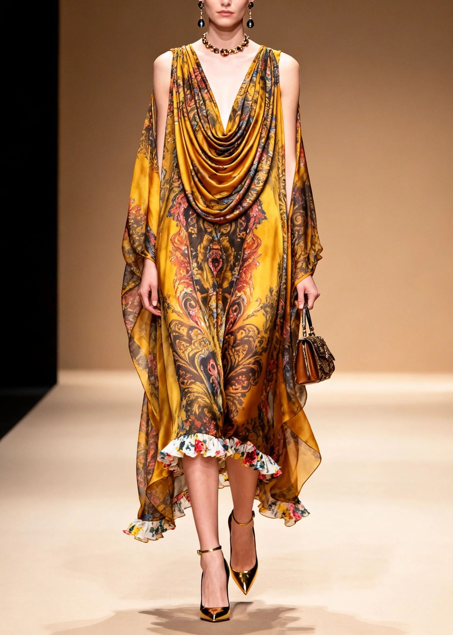 Stylish Yellow Cold Shoulder Print Chiffon Maxi Dresses Summer - Image 3