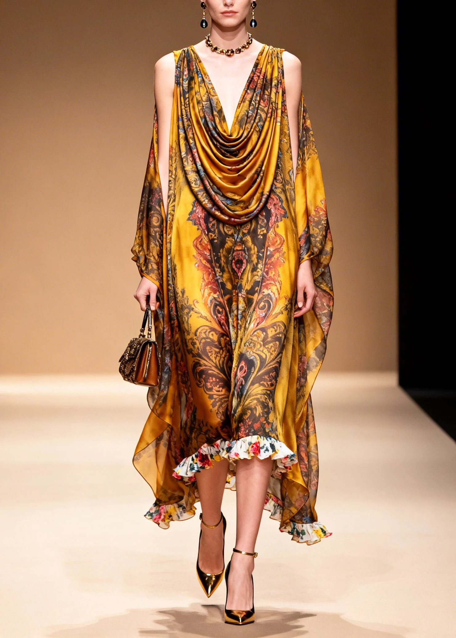 Stylish Yellow Cold Shoulder Print Chiffon Maxi Dresses Summer - Image 4