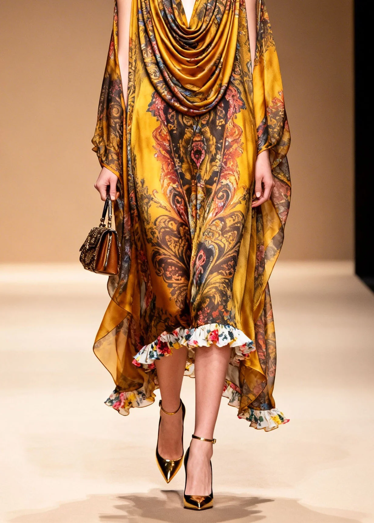 Stylish Yellow Cold Shoulder Print Chiffon Maxi Dresses Summer - Image 5