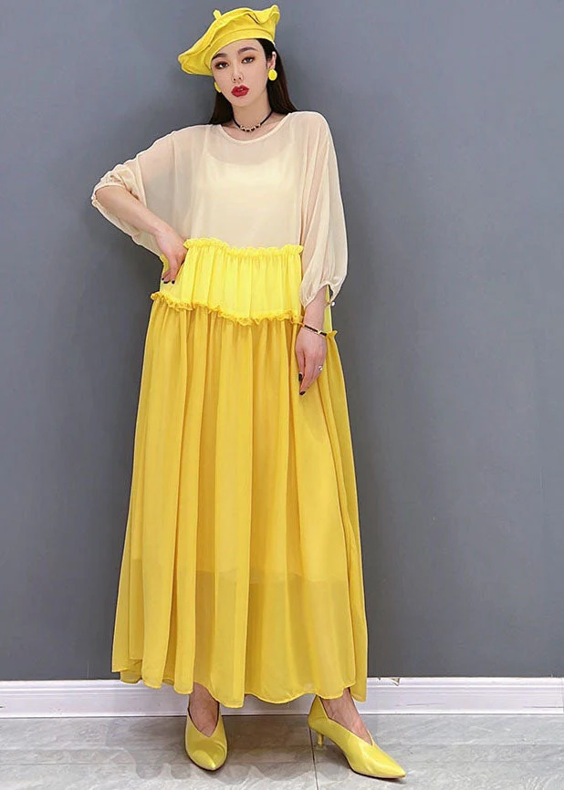 Stylish Yellow Colorblock Ruffled Patchwork Chiffon Long Dress Batwing Sleeve - Image 2