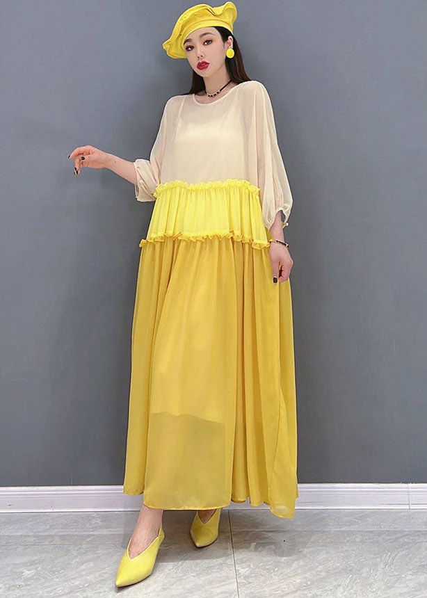 Stylish Yellow Colorblock Ruffled Patchwork Chiffon Long Dress Batwing Sleeve - Image 3