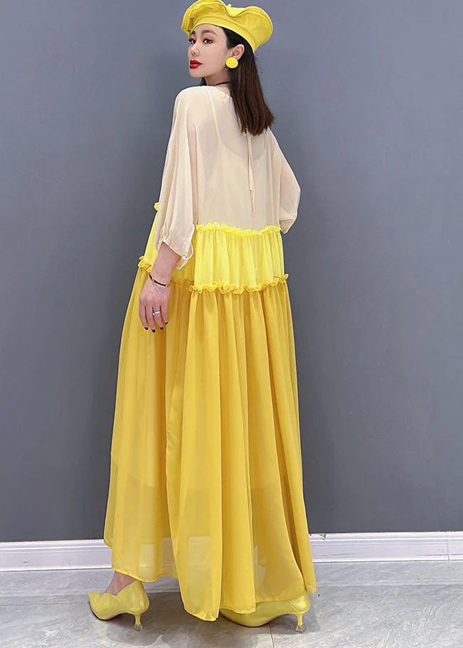 Stylish Yellow Colorblock Ruffled Patchwork Chiffon Long Dress Batwing Sleeve - Image 4