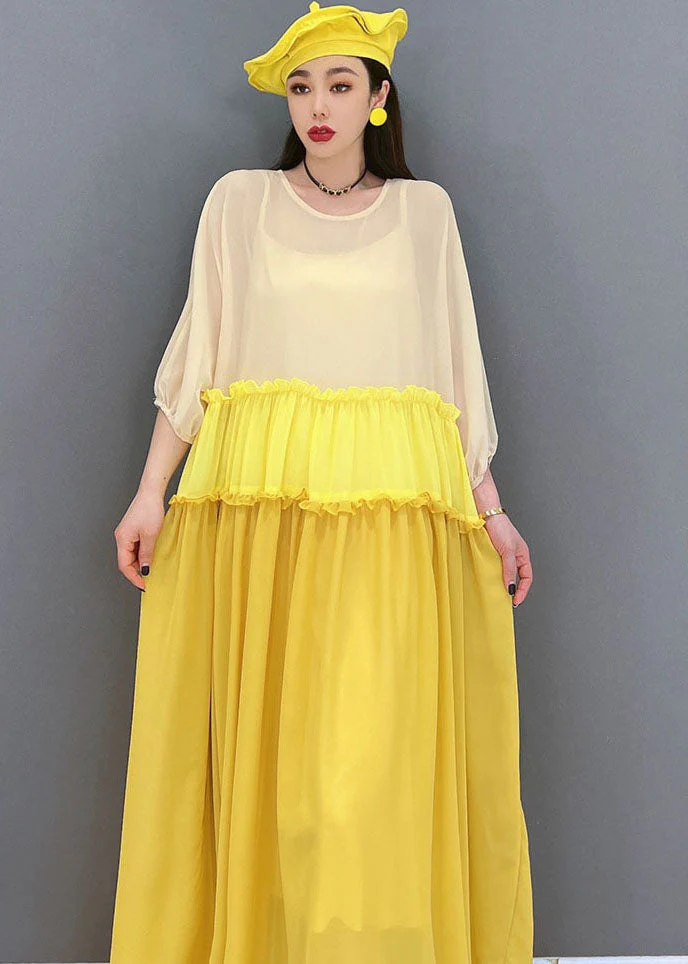 Stylish Yellow Colorblock Ruffled Patchwork Chiffon Long Dress Batwing Sleeve - Image 5