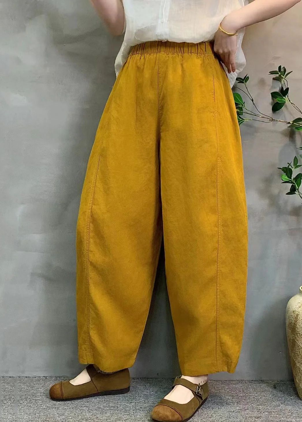 Stylish Yellow Elastic Waist Linen Harem Pants Summer - Image 2