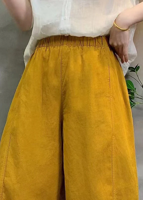 Stylish Yellow Elastic Waist Linen Harem Pants Summer - Image 3