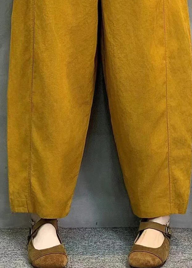 Stylish Yellow Elastic Waist Linen Harem Pants Summer - Image 4