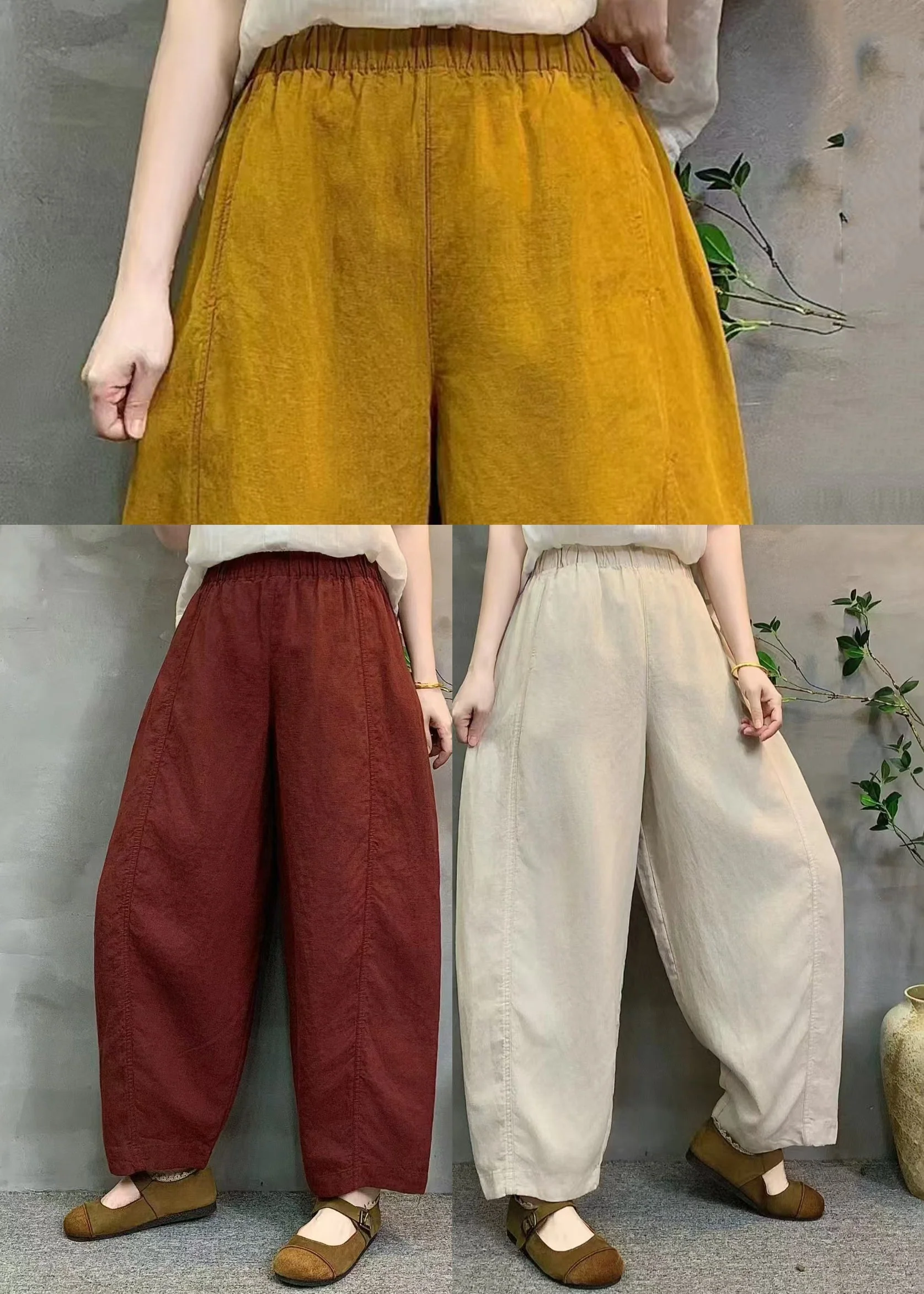 Stylish Yellow Elastic Waist Linen Harem Pants Summer - Image 5