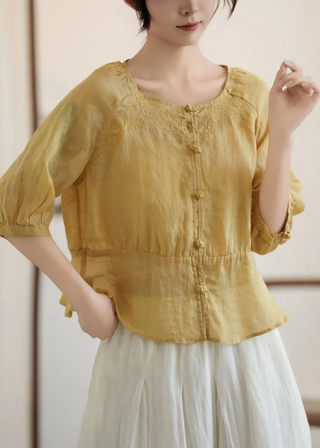 Stylish Yellow Embroidered Chinese Button Linen Top Summer - Image 2