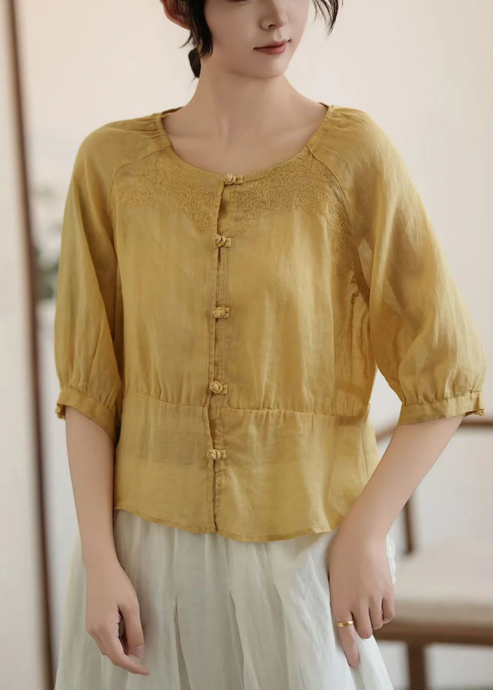 Stylish Yellow Embroidered Chinese Button Linen Top Summer - Image 3
