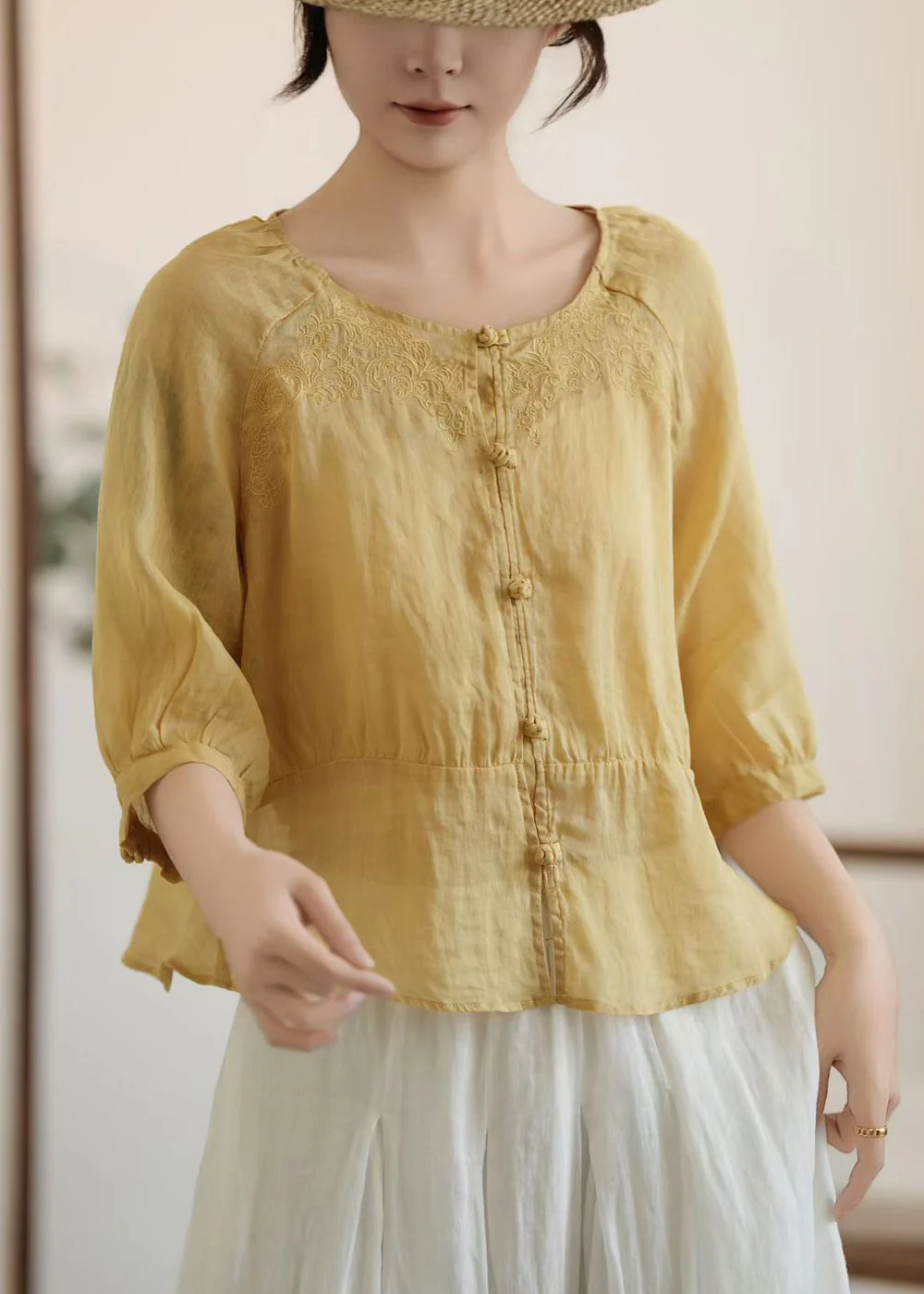 Stylish Yellow Embroidered Chinese Button Linen Top Summer - Image 4